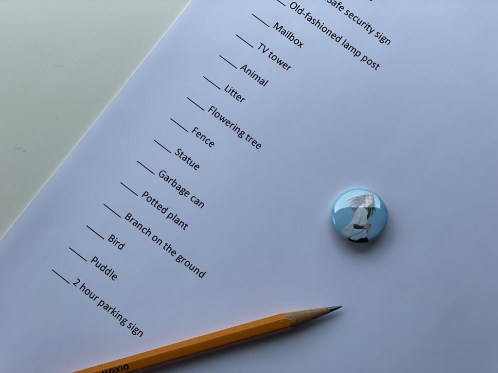 A scavenger hunt checklist with a button as a prize. This was a backup activity.