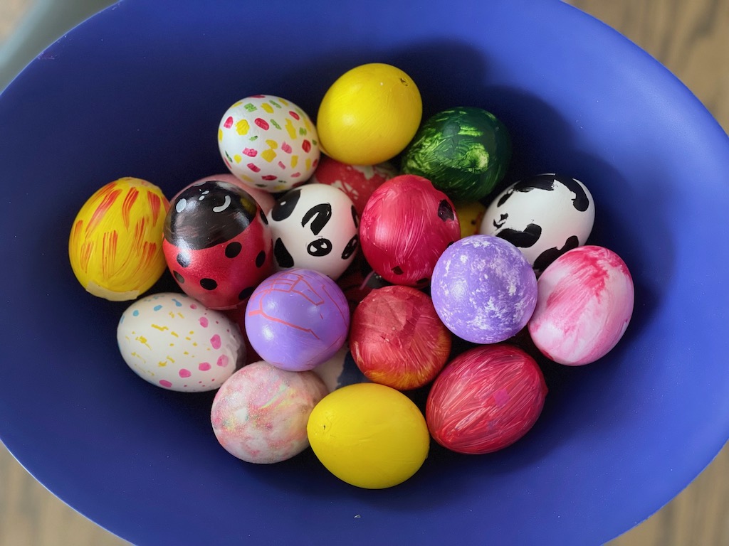 An assortment of cascarones, stuffed with confetti, ready for Easter.