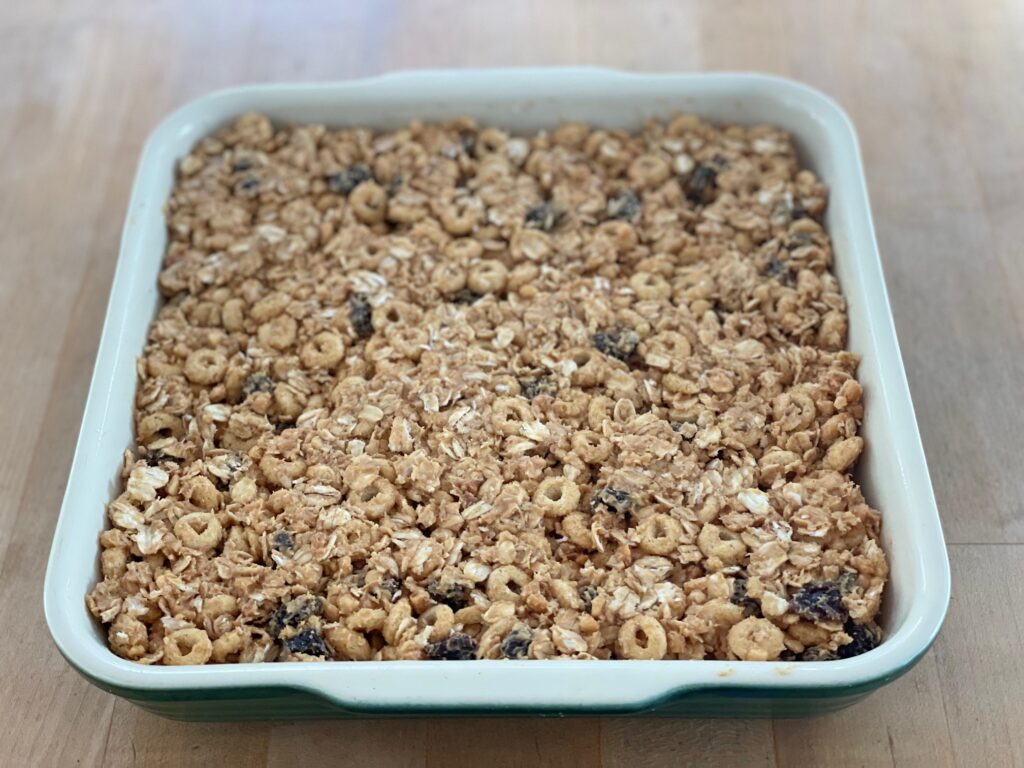 The finished recipe for No-Bake Peanut Butter Cereal Bars--ready to cut into squares.