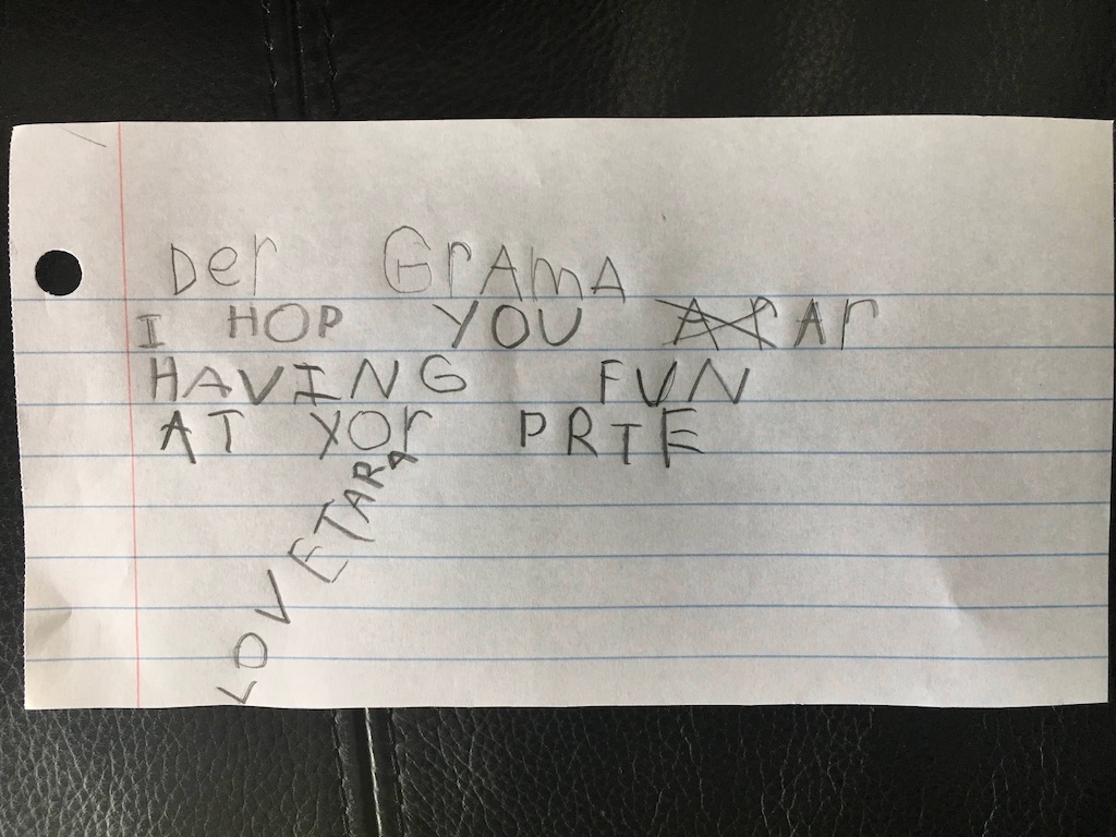 A vacationing six-year-old's letter, emailed as a photograph to grandma.