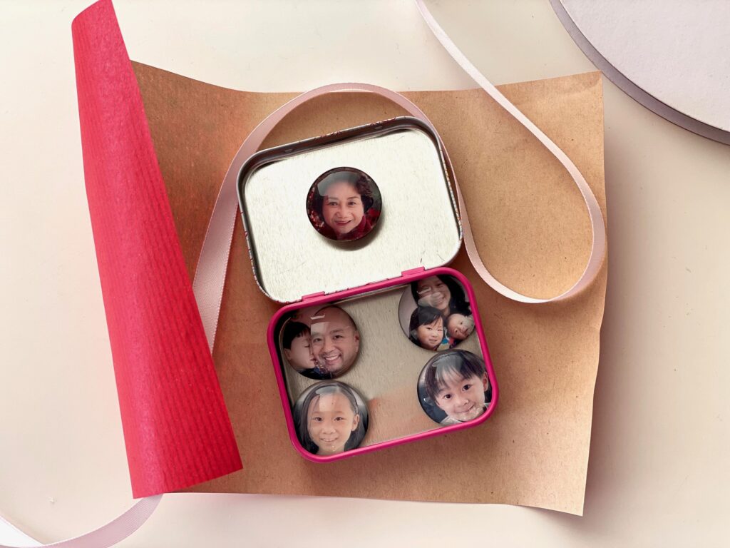 Make photo magnets and package in a recycled metal tin for a Mother's Day gift.