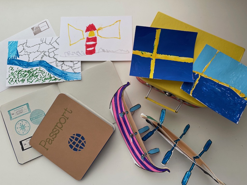 If traveling with kids isn't in the cards this year, go on a pretend trip. The passport, flags, Viking ship, and postcards were created by kids to explore Sweden.