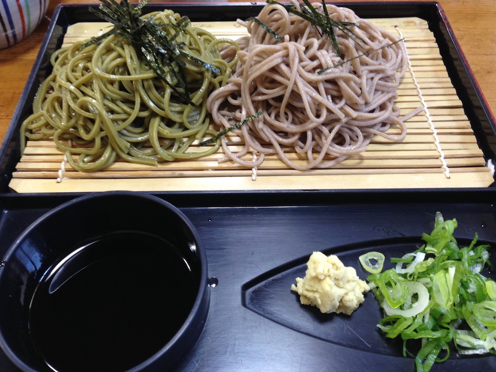 Green tea soba and regular soba are served cold in Uji, Japan, a tea-growing area. Served with a dipping sauce, this dish is quick and easy to replicate.