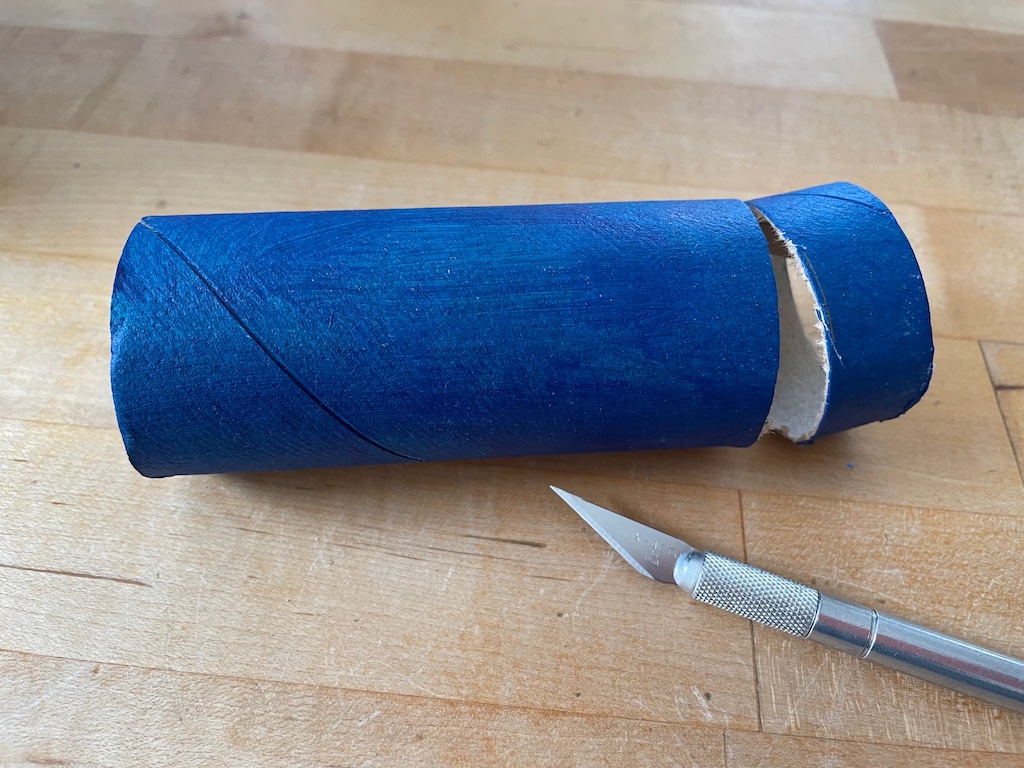 Cut toilet paper rolls to different sizes using an X-acto knife. This should be done by an adult.