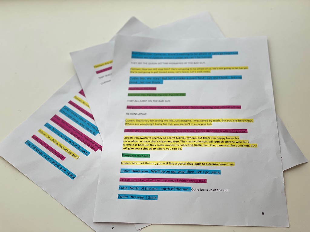 Our scrip for puppets is color-coded so each puppeteer can find their lines easily.