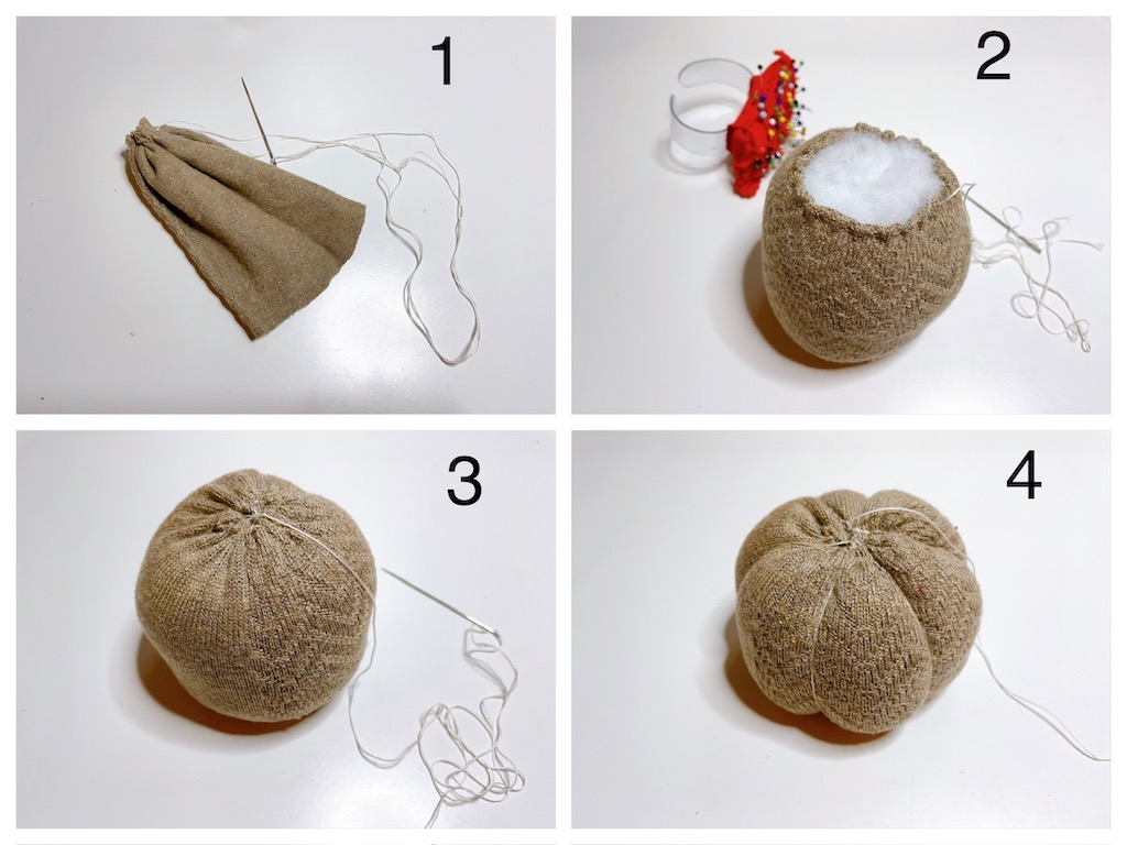 These are the steps to make pumpkins: stitch the bottom of the tube closed, fill with rice and fiberfill, stitch the top closed, then delineate the shape of the pumpkin by tying thread to form wedges.