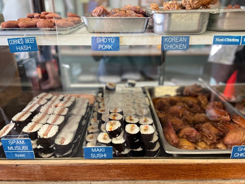 Spam Musubi, a popular snack food, is ready for purchase at a Japanese delicatessen in Hawaii.