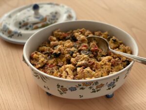 Mom's Portuguese Turkey Stuffing is studded with linguisa, olives, and pimentos.