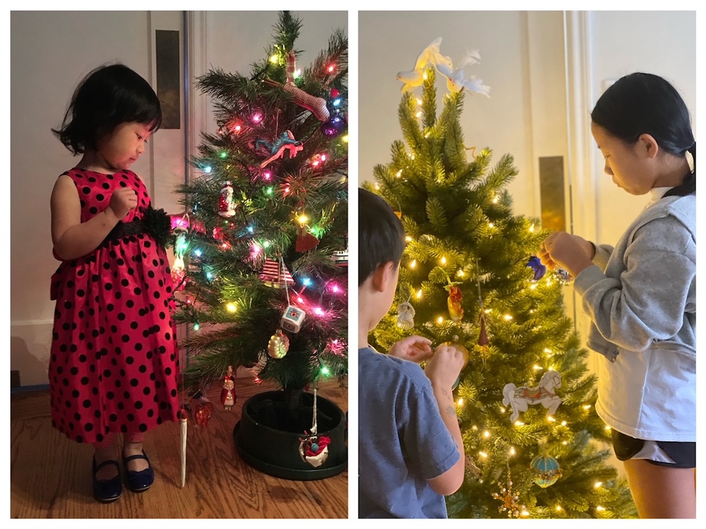 Kids decorate their own kids' tree, a tradition over seven years.