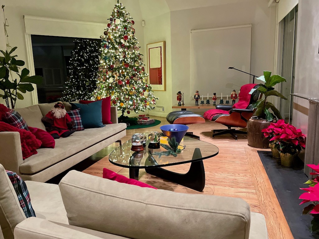 A living room, with Christmas tree and poinsettias, is made more festive with red, green, and plaid pillows stitched from fabric on sale.
