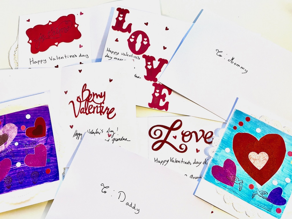 Inside of the card: valentine sentiments cut from Cricut machine.