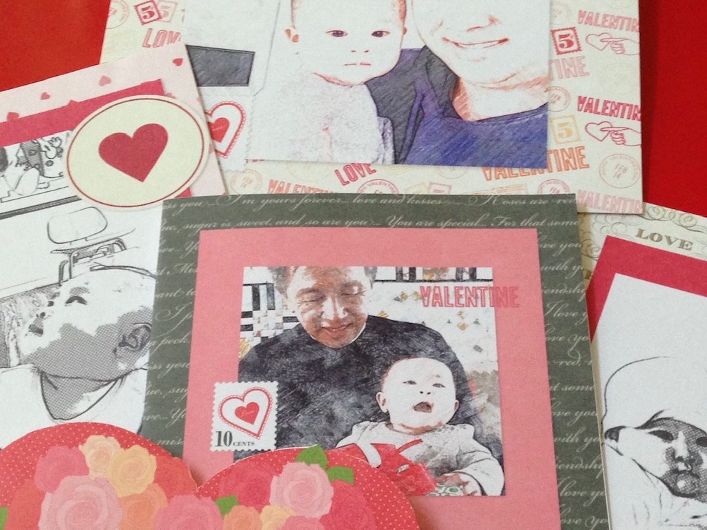 A sampling of valentines using a sketch app and featuring a photo of each family member interacting with the new baby.