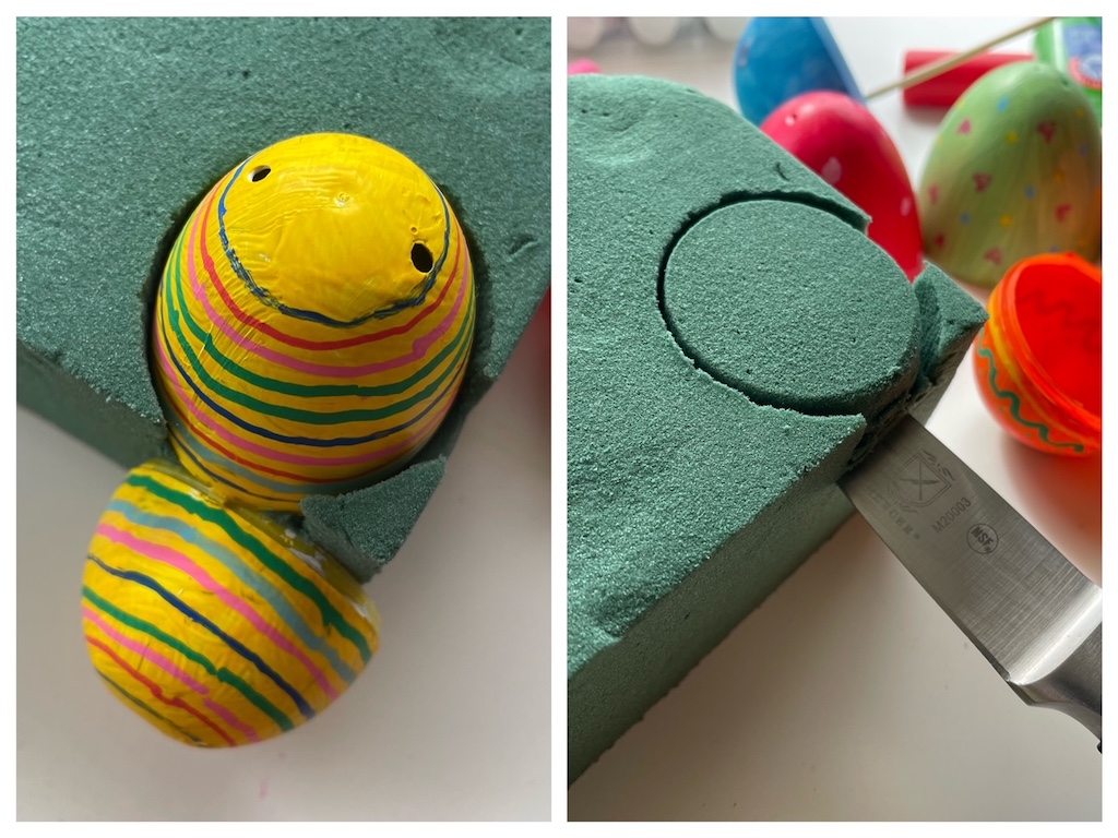 To cut foam to fit the plastic egg, press the egg into the foam about 1/2- to 3/4-inch deep, then slice the bottom horizontally with a paring knife.