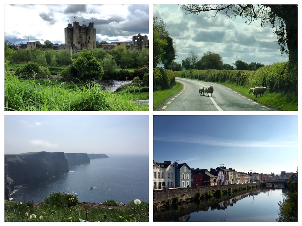 Images of Ireland: country road, buildings lining the River Lee in Cork City, Cliffs of Moher, and Trim Castle.