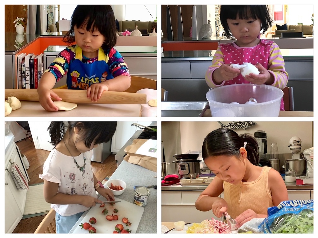  A collage of a child cooking through the years, from three years old making pizza, to preparing an endive salad at ten.