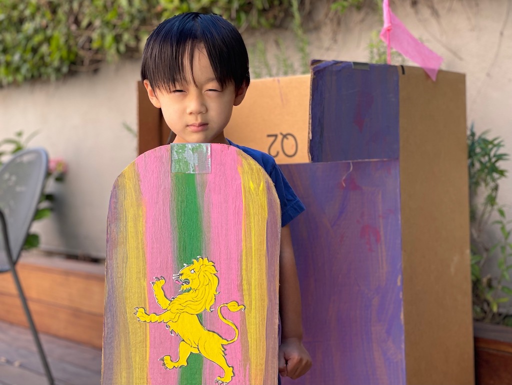 Make a fort from a large box and a shield from leftover cardboard.
