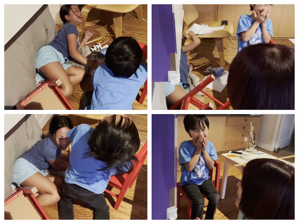 A collage of photos of kids laughing when one falls off a low chair during the puppet show performance.