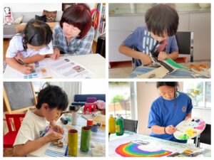 Kids work on various summer vacation projects with grandma.