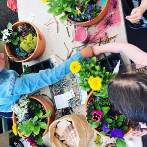 Kids at a birthday party make fairy gardens.
