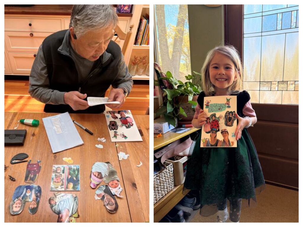 Grandpa creates a collage of family pictures in a card to send to his granddaughter; granddaughter shows off the card she received.
