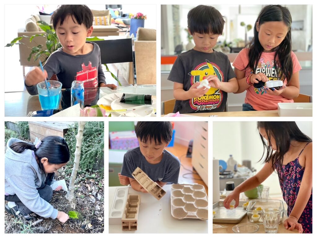 A collage of activities kids can do at Camp Grandma includes arts and crsfts, cooking, and gardening.