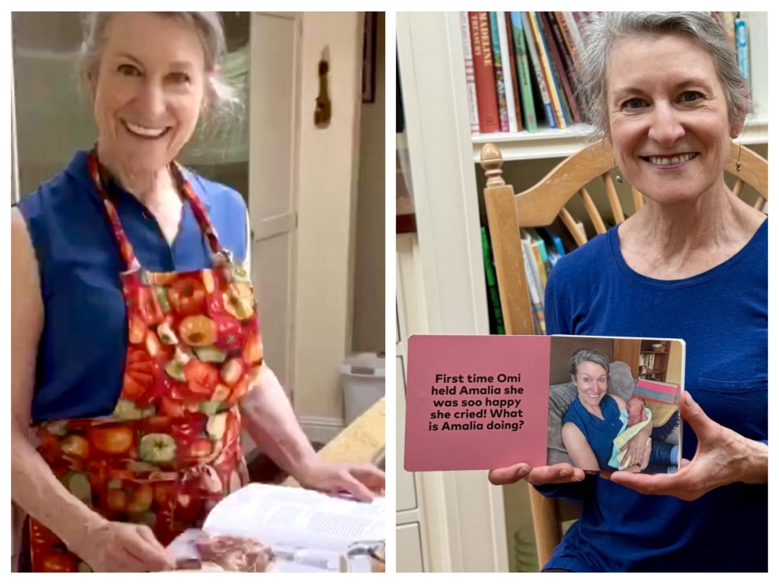 Grandma makes a video on how to make pizza and shows a personalized board book made for a grandchild.