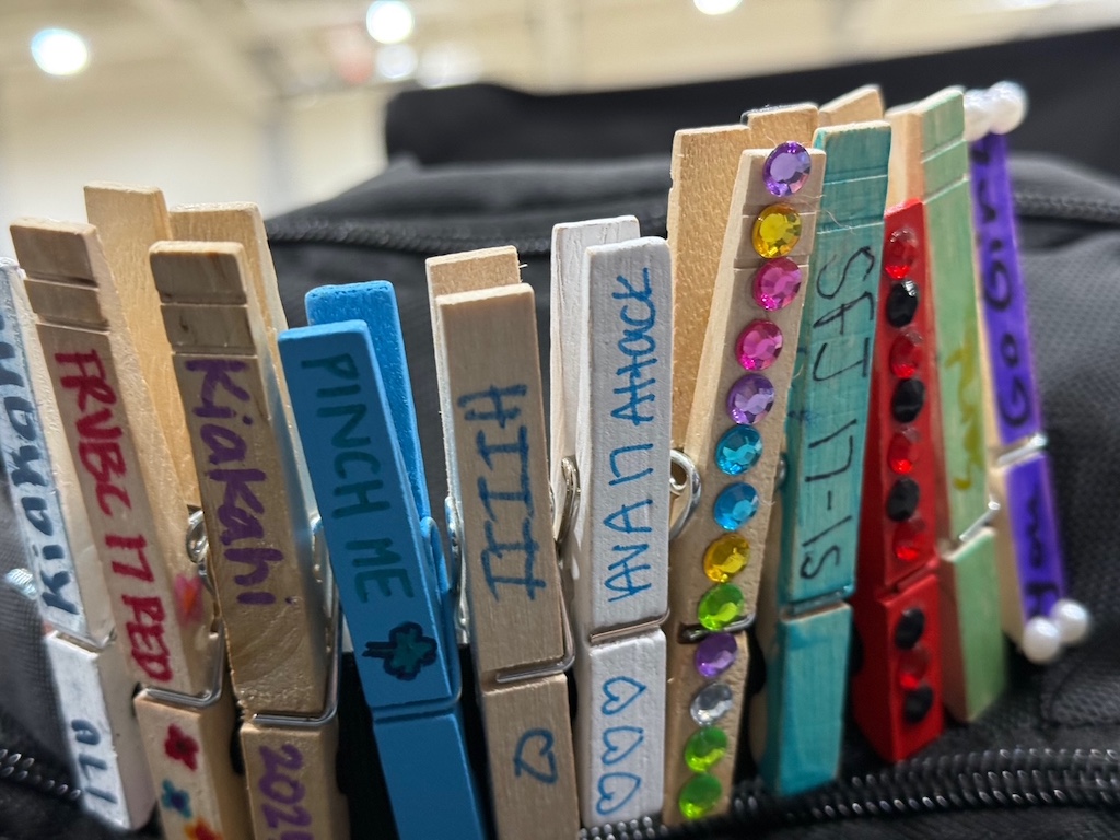 A selection of clips on a backpack in a variety of colors and styles.
