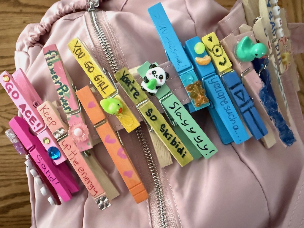 Close-up of some clips on a girl's gym bag. Some of the clips have charms, gemstones, sayings, or drawings.