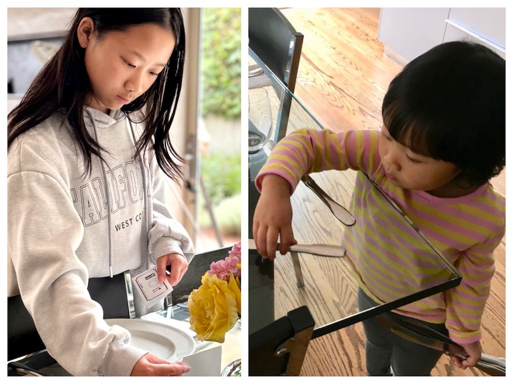 Child at 10 and the same child at three, setting the table for a family dinner to encourage good table manners.