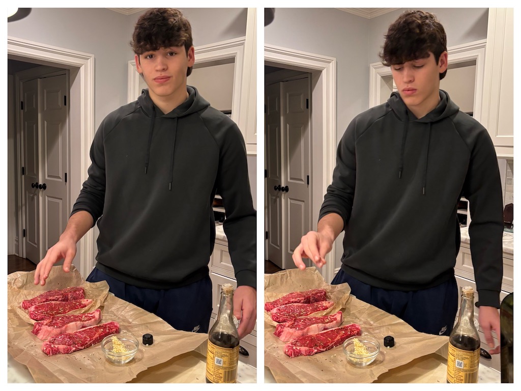 Sharon's grandson practices cooking steaks for his school speech, How to Cook a Perfect Steak.