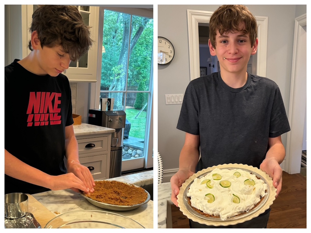 Sharon's youngest grandson makes a key lime pie with grandma's guidance.