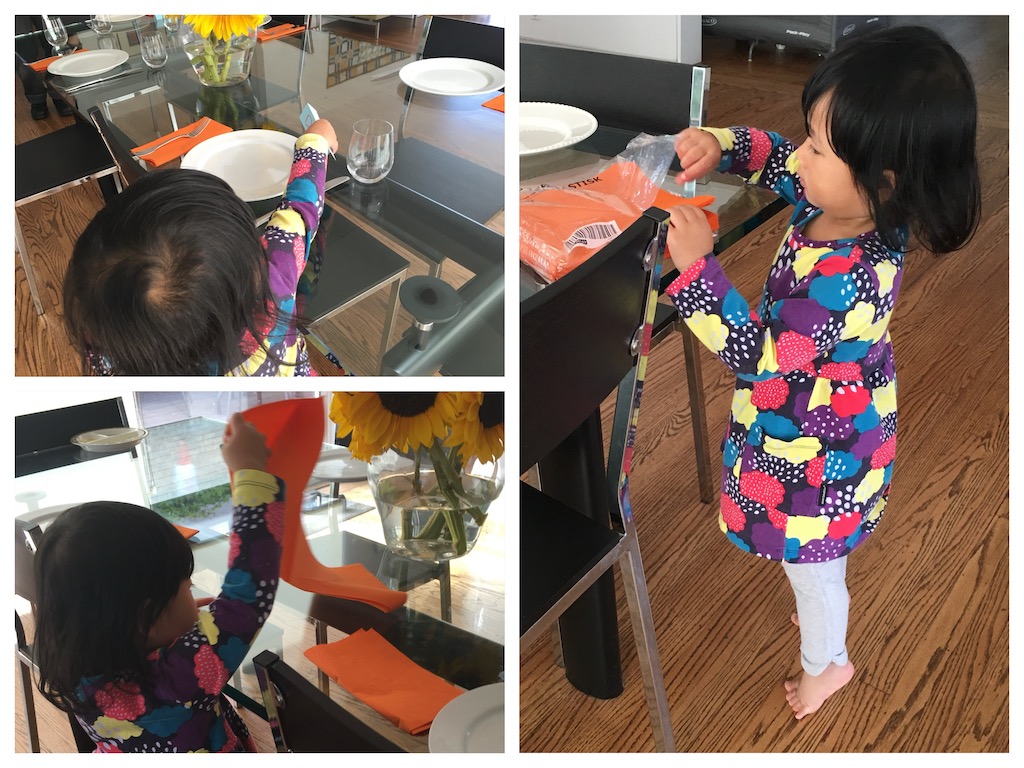 Collage of three-year-old setting the table.
