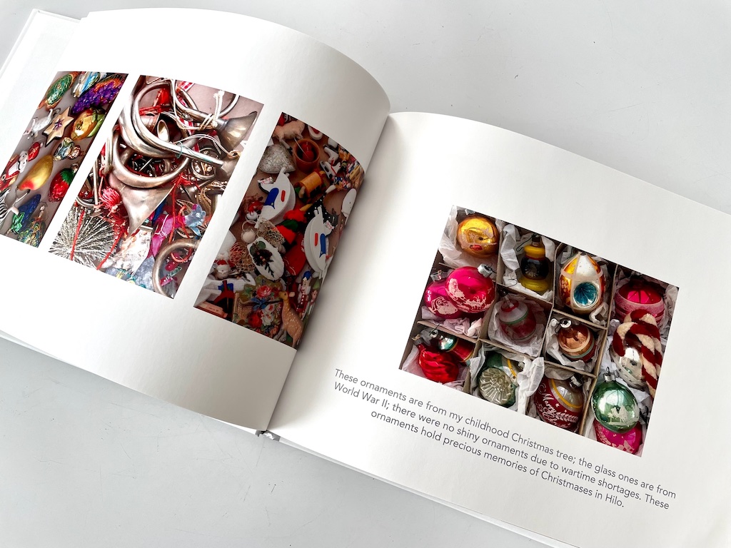 Pages from a photo book of family Christmas ornaments; each photo tells a story of how it was procured. 