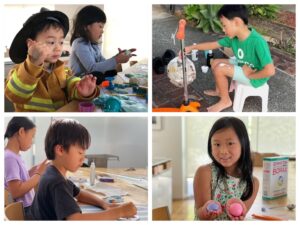 collage of kids making craft projects with school glue: piñata, bouncy balls, suncatchers, and slime.