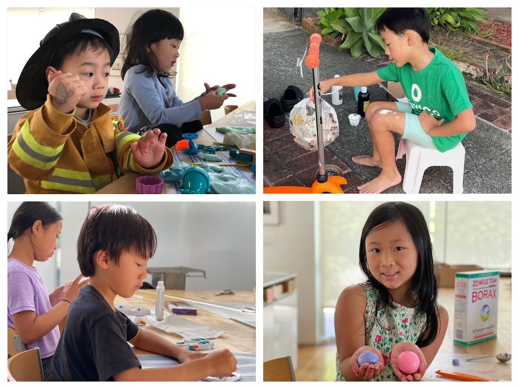 A collage of craft projects using school glue: piñata, bouncy balls, suncatchers, and slime.