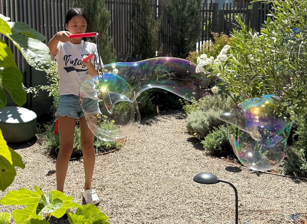 Grandchild makes giant bubbles as a preliminary activity before lunch and games.