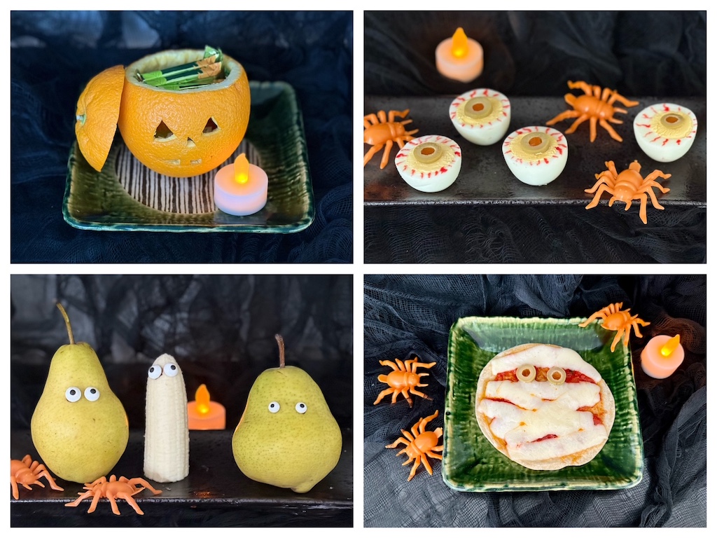 Carve a jack-o-lantern from an orange, use red food coloring to draw squiggly lines on egg halves for bloody eyeballs, turn a flour tortilla into a mummy, transform fruits into ghosts by affixing candy eyes.