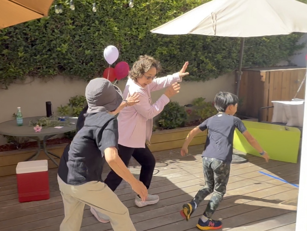 Grandmas in action. Grandma 1 tries to tag Grandma 2 while playing lemonade.