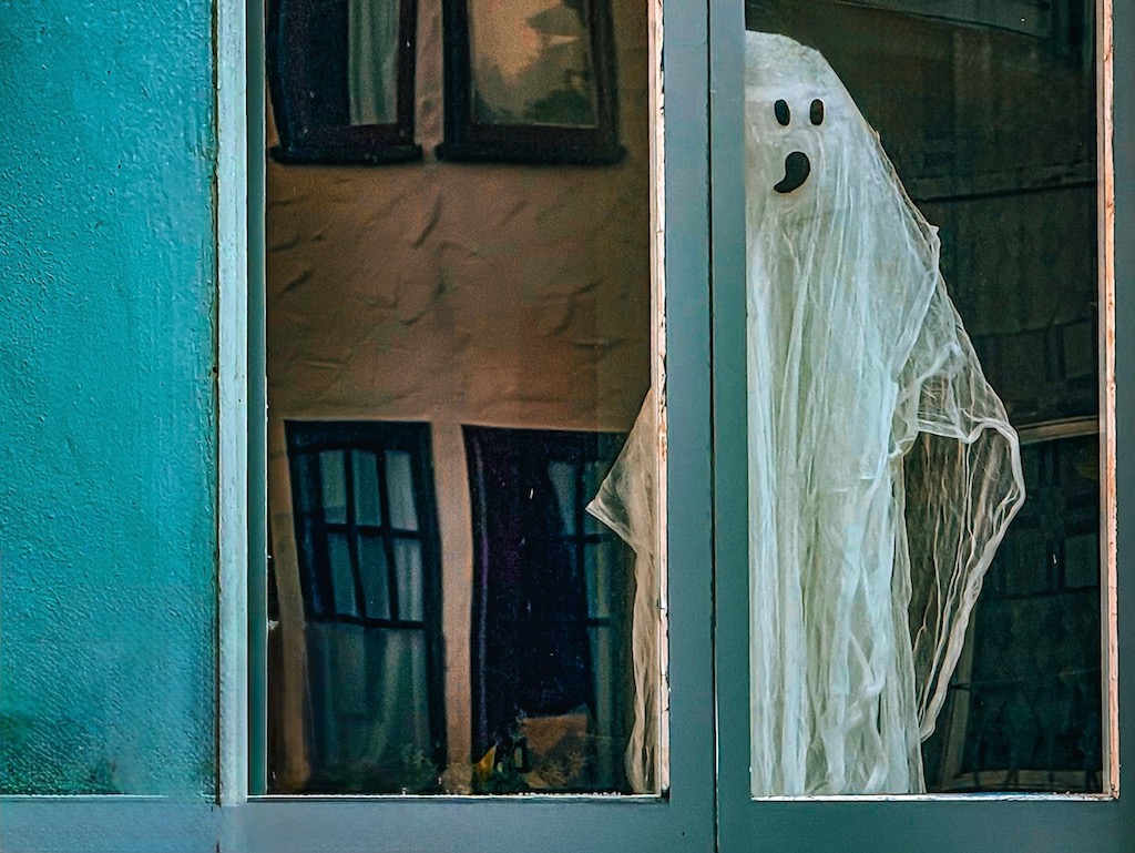 Cheesecloth ghost hovers in the window, looking out at the neighborhood.
