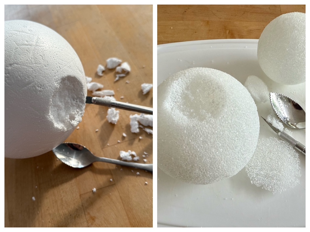 Two types of styrofoam balls: the crumbly type, often used. in packing materials,  is harder to cut.
