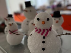 Snowman made from styrofoam balls and epsom salts.