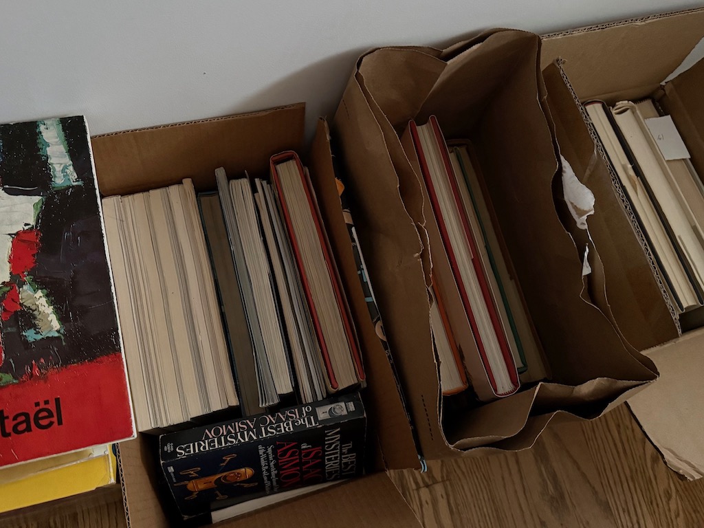 Books packed to donate to the library.