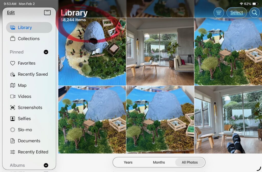 Screen shot of a phone photo library shows 58,244 items. Digital photo collections should be cleaned up, too.