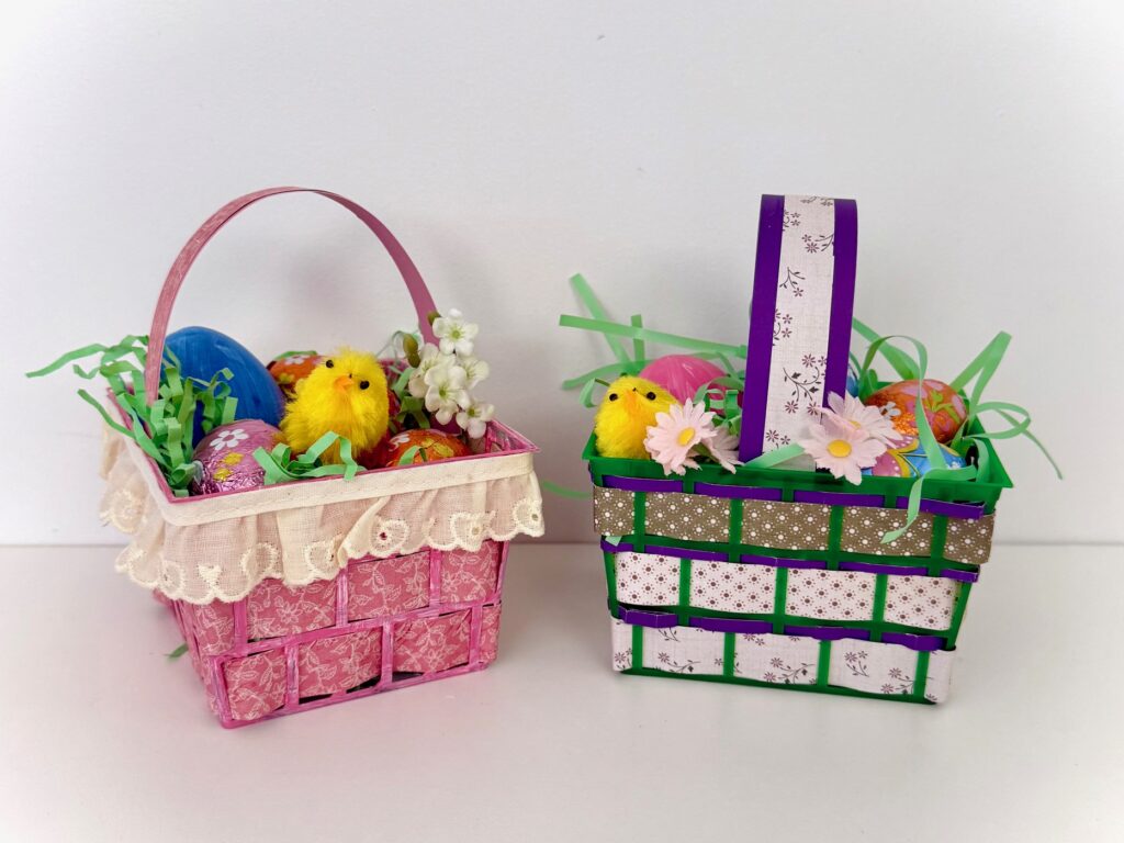 Easter baskets added to the table setting are made from discarded plastic berry baskets and cardstock scraps.