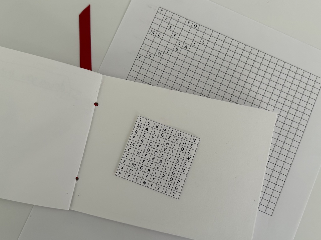 To create a word search puzzle, use a computer to make a table. Fill in the letters of the message vertically, horizontally, and diagonally. Fill with nonesense letters in the remaining blocks.