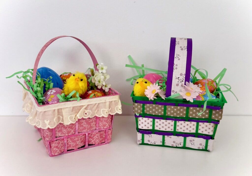 Easter basket is made from plastic berry baskets and cardstock strips.