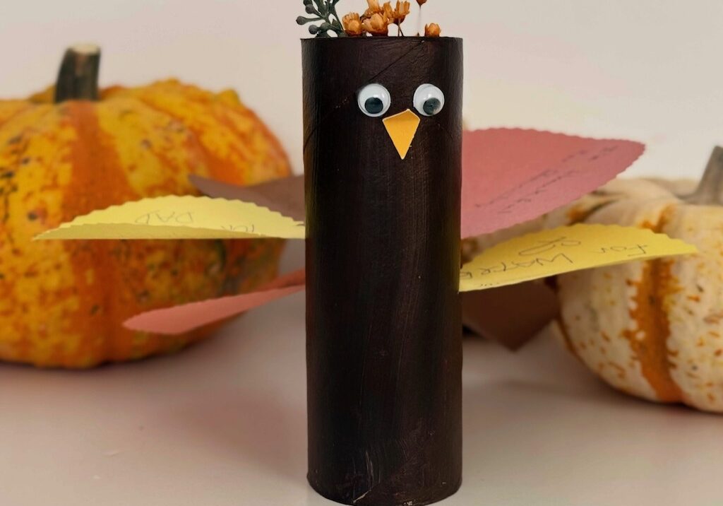 Thankful turkey is made with a toilet paper roll and construction paper. Write your thanks on turkey feathers.