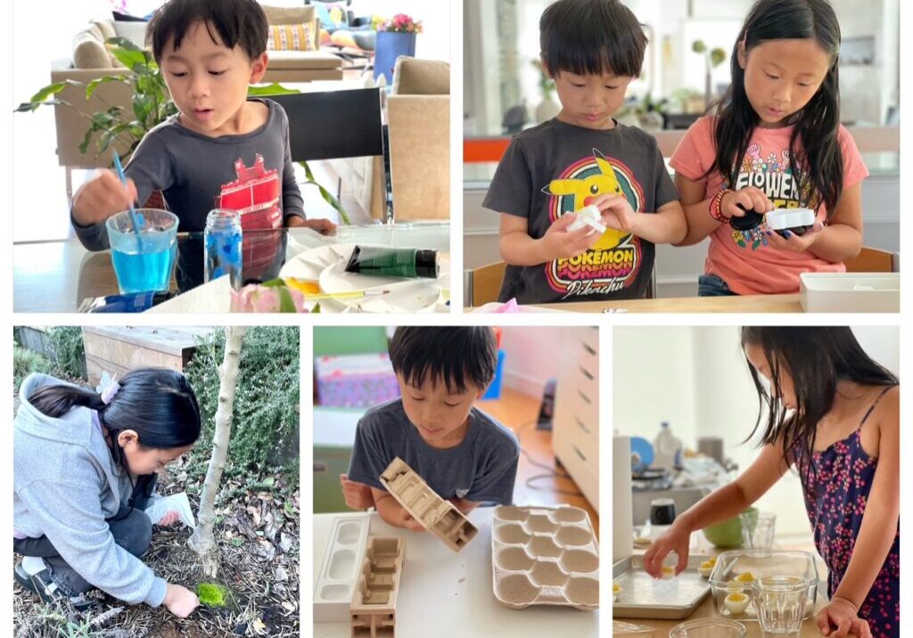 A collage of activities for a Camp Grandma summer program including cooking, crafting, and gardening.