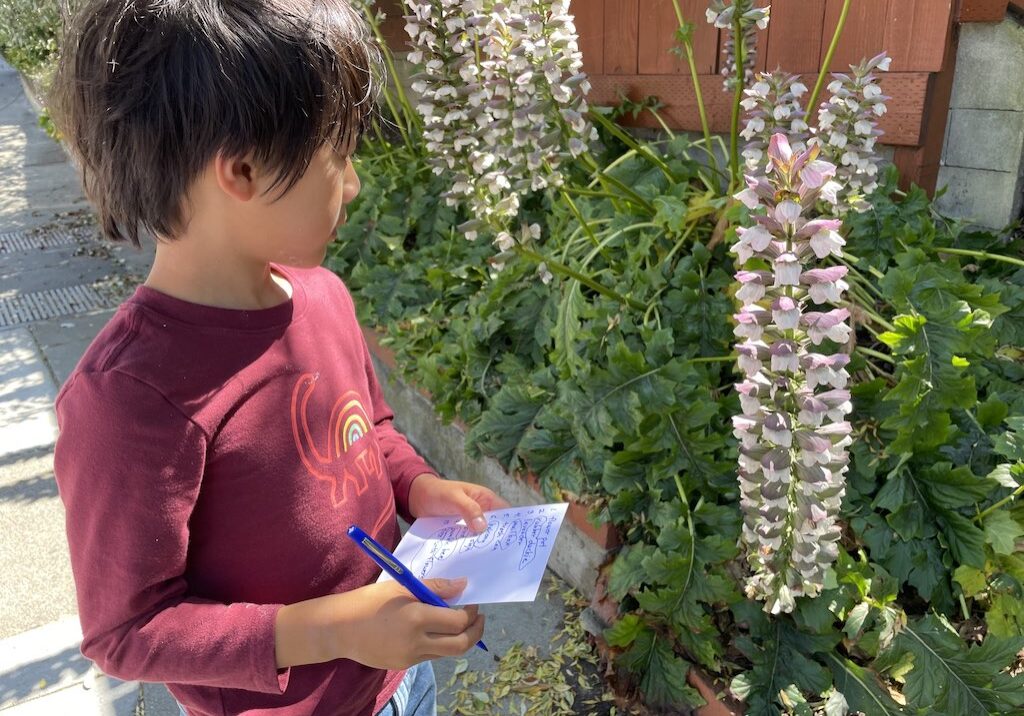 Child walks the neighborhood looking for items on a scavenger hunt list.
