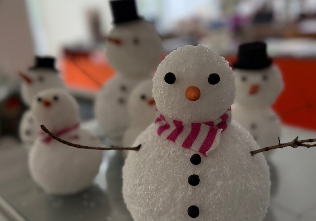 Snowman made from styrofoam balls and epsom salts.